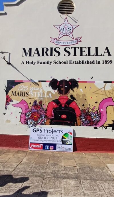 Maris Stella wall mural with “MARIS STELLA” signage and a GPS Projects board in front